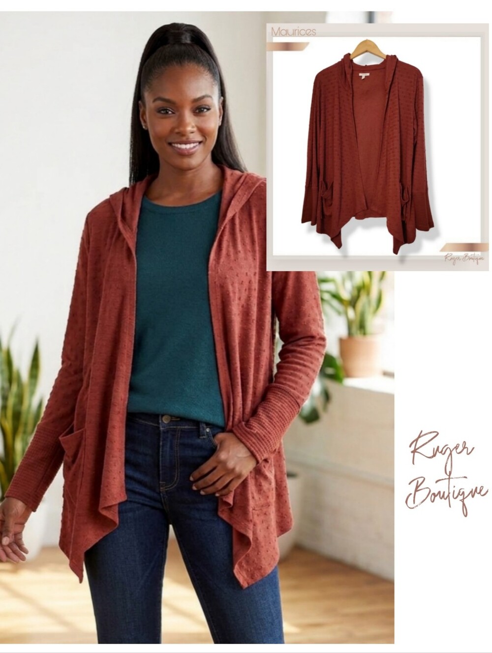 🌿Maurices Terra Cotta Textured Open Front Hooded Cardigan Sweater Women's L